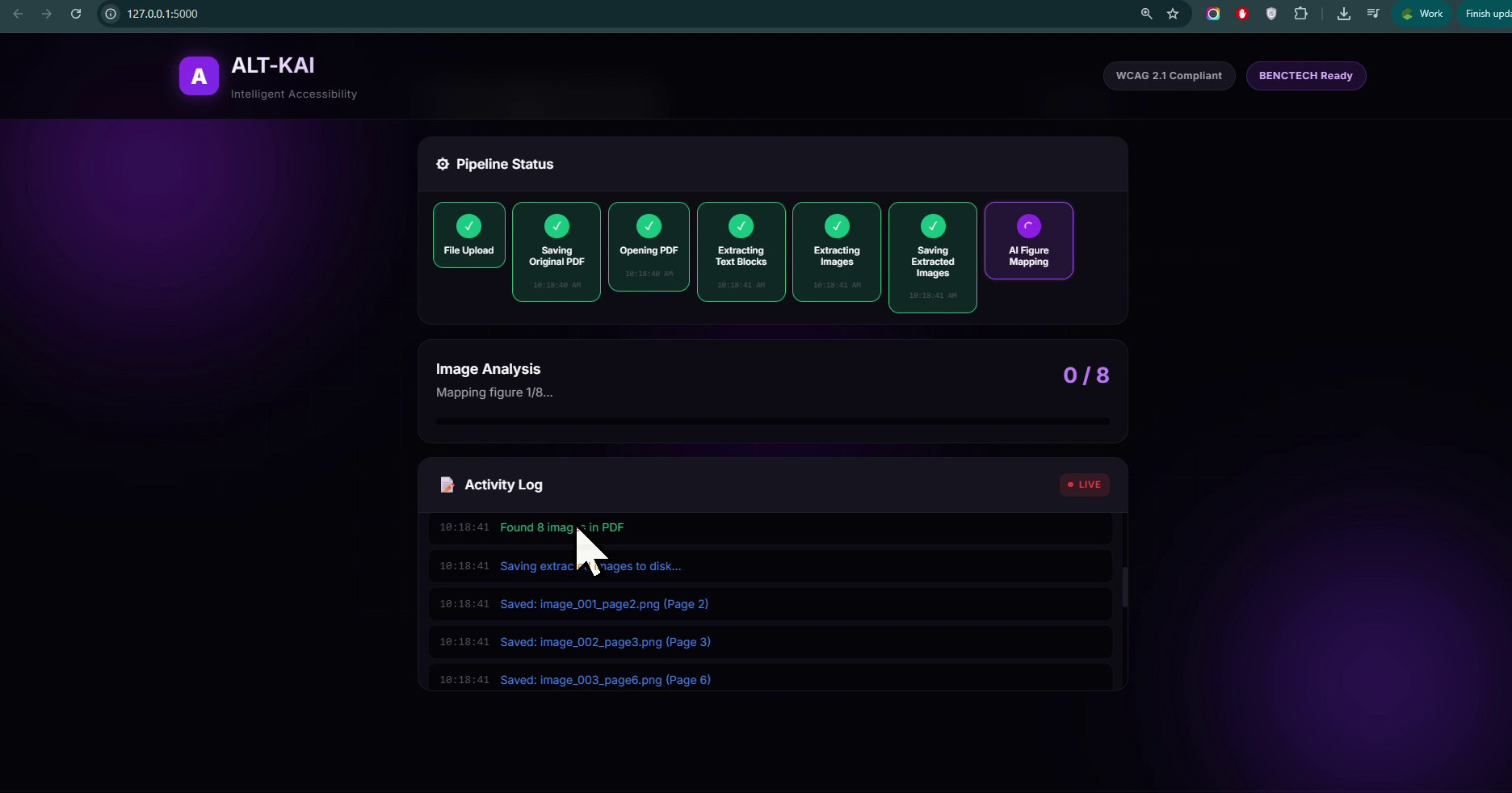 Pipeline status — file upload → save → extract text + images, AI figure mapping starts