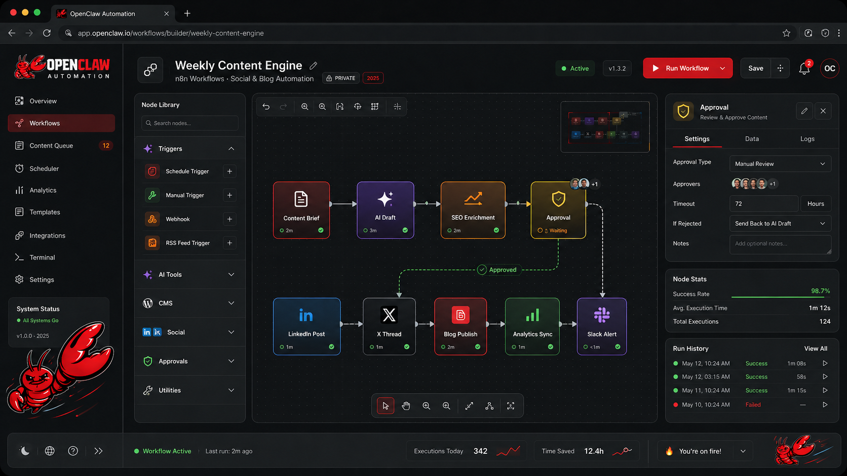 Weekly Content Engine — visual node editor: Schedule Trigger → Content Brief → AI Draft → SEO → Approval → LinkedIn / X / Blog / Analytics / Slack