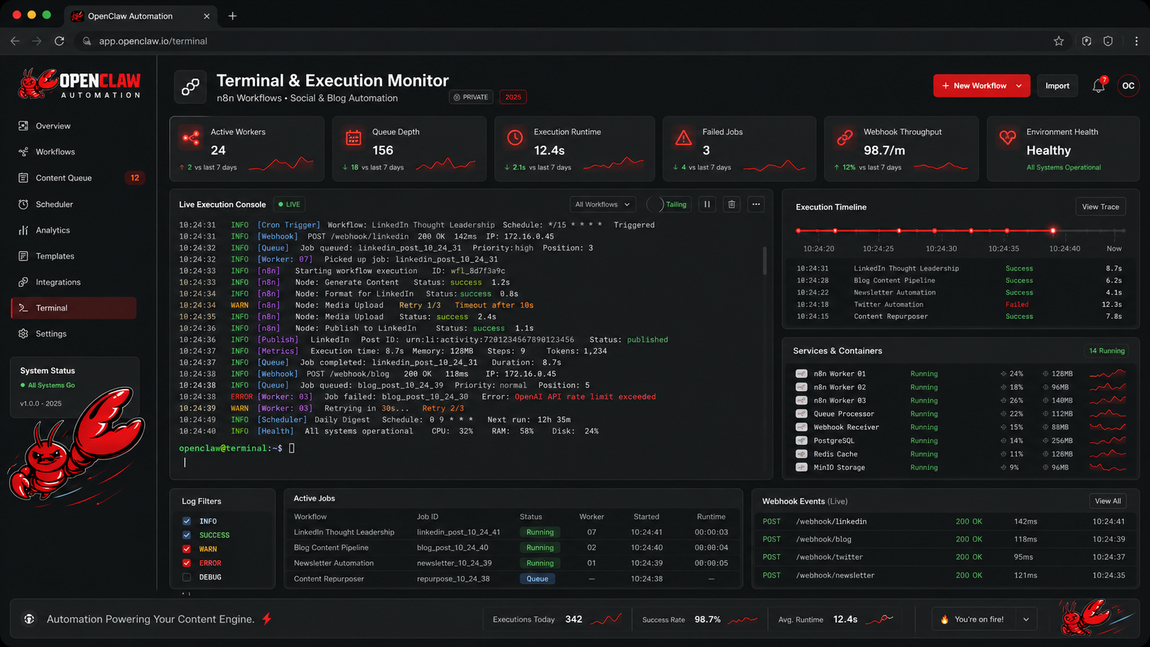 Terminal & Execution Monitor — live tail log, execution timeline (gantt), services & containers status, workflow throughput