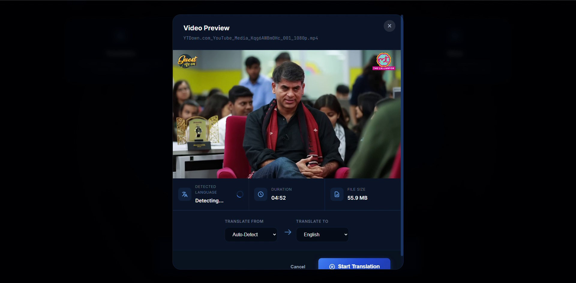 Video preview modal — auto language detection, file metadata, translate-from / translate-to picker