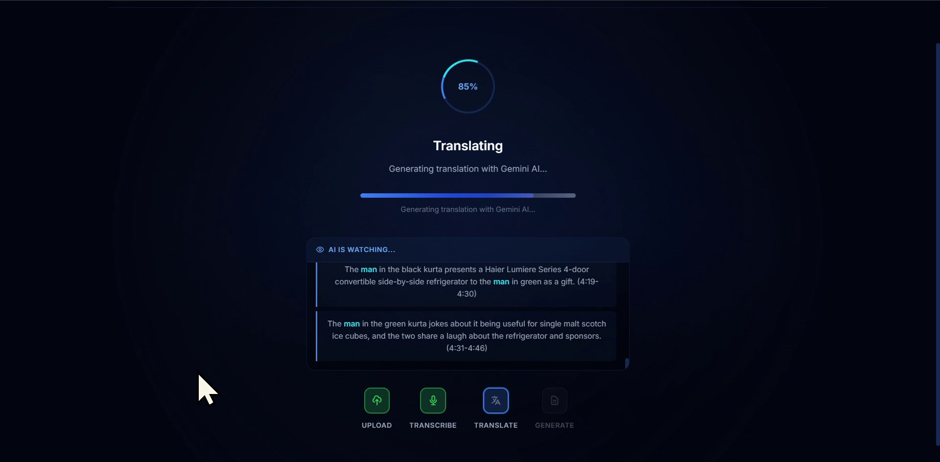 Transcription complete — Whisper extracted Hindi speech with timestamps
