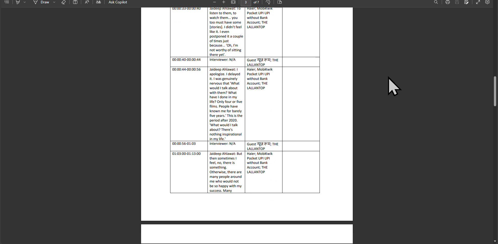 Final XLSX output — timestamps, original Hindi, English translation, brand placements (Haier, MobiKwik Pocket UPI, THE LALLANTOP) detected automatically